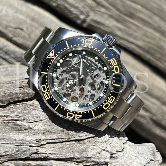 Custom Made Watch DIY With NH70 Automatic Movement Silver Case Black/Yellow OMG